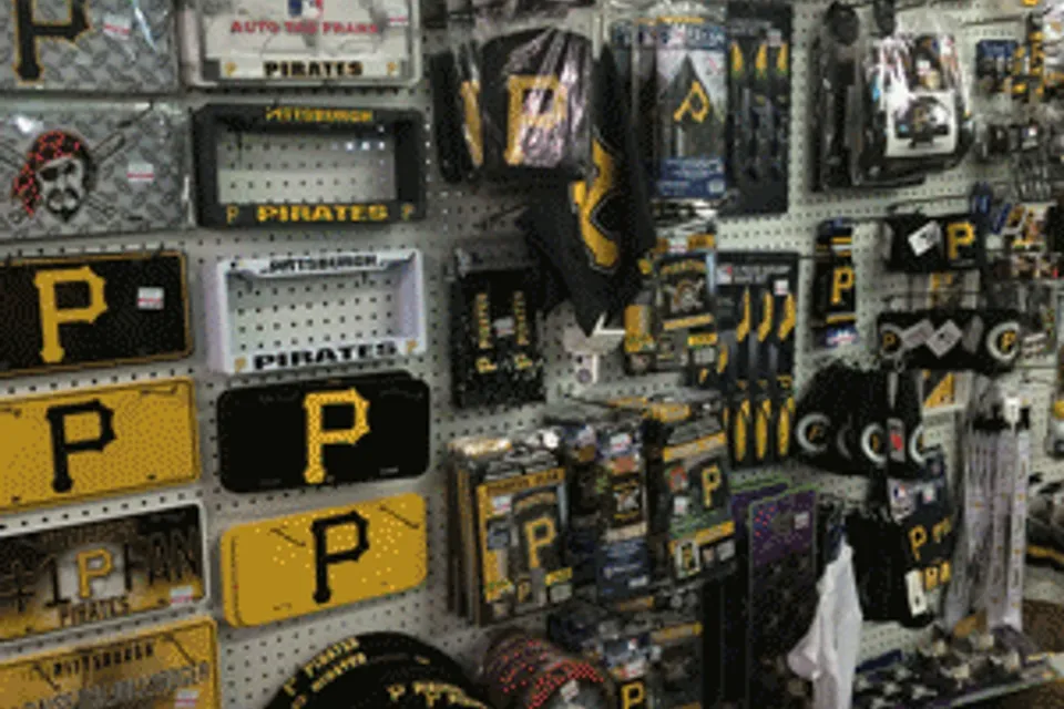 Shelves of sports fan gear